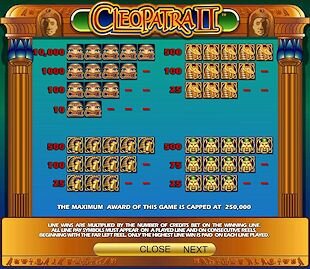 IGT's Cleopatra II Slot Machine Paytable Page 1